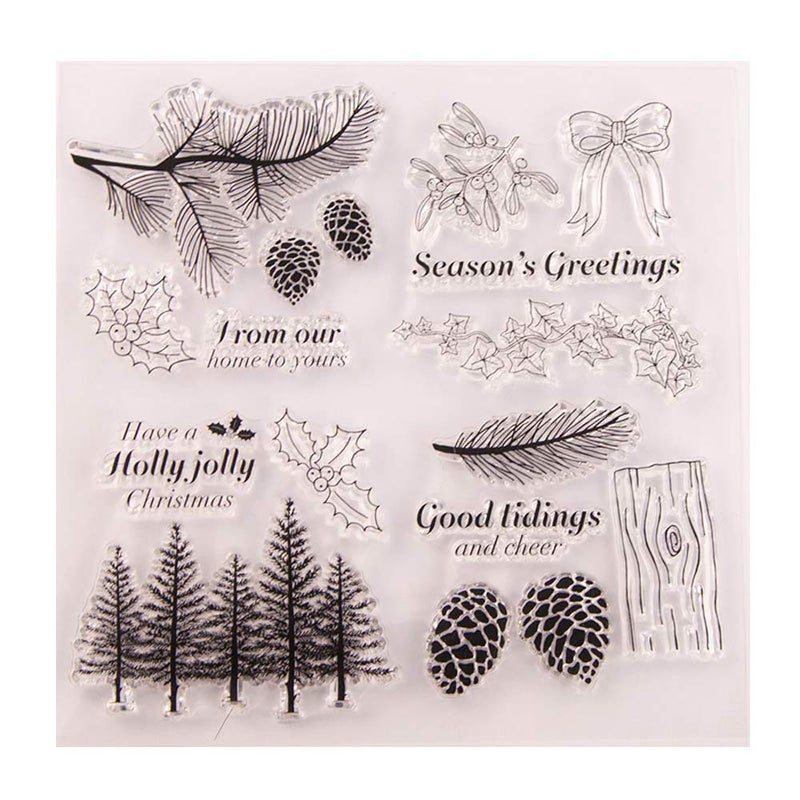 LZBRDY Winter Trees Branch Leaves Pine Cones Bow Clear Rubber Stamps for Card Making and Scrapbooking Christmas Wishes Words Silicone Stamps - Image 1